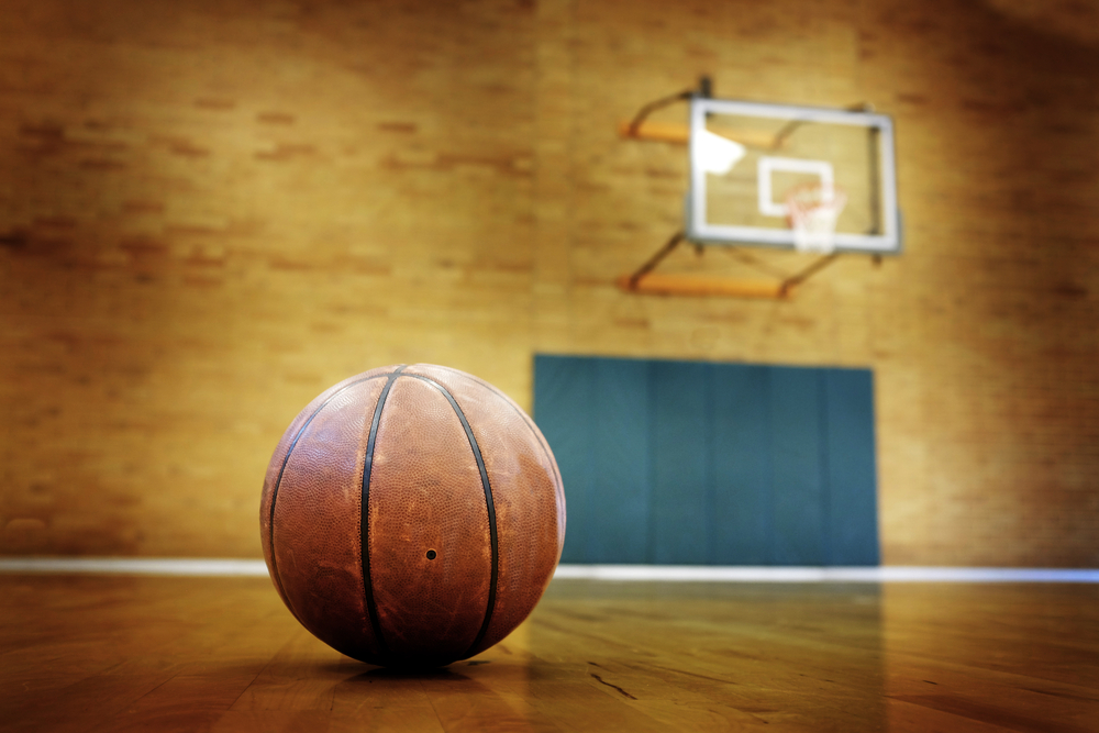 Ball on basketball court for competition and sports