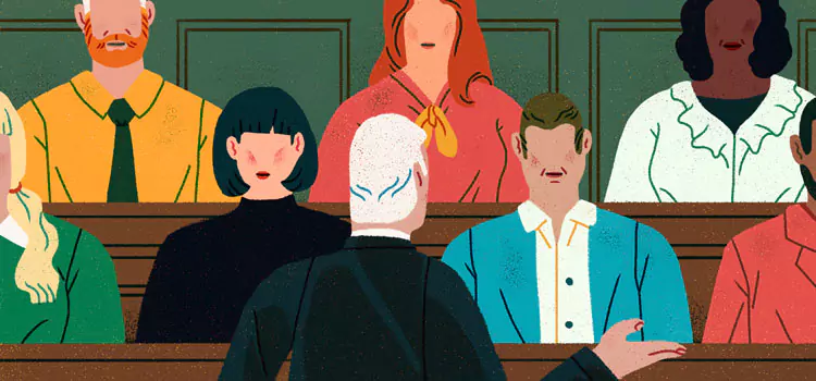 Cartoon of a lawyer speaking to jury in court